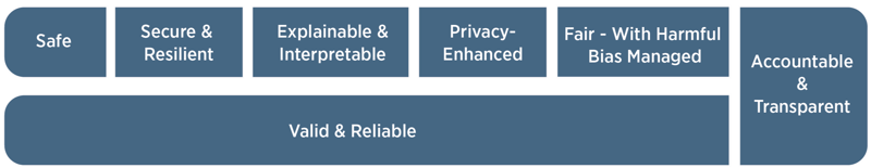 Trustworthy AI systems are valid, reliable, safe, secure, resilient, explainable, interpretable, accountable, transparent, privacy-enhanced, and fair